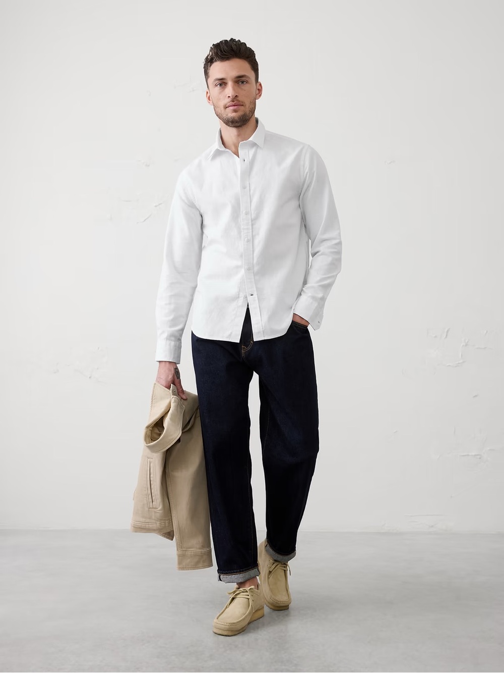 NWT Banana Republic Untucked Slim Fit Linen Blend Button Front Shirt White SZ M